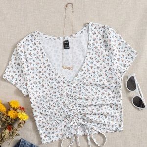 Drawstring Front Floral Top